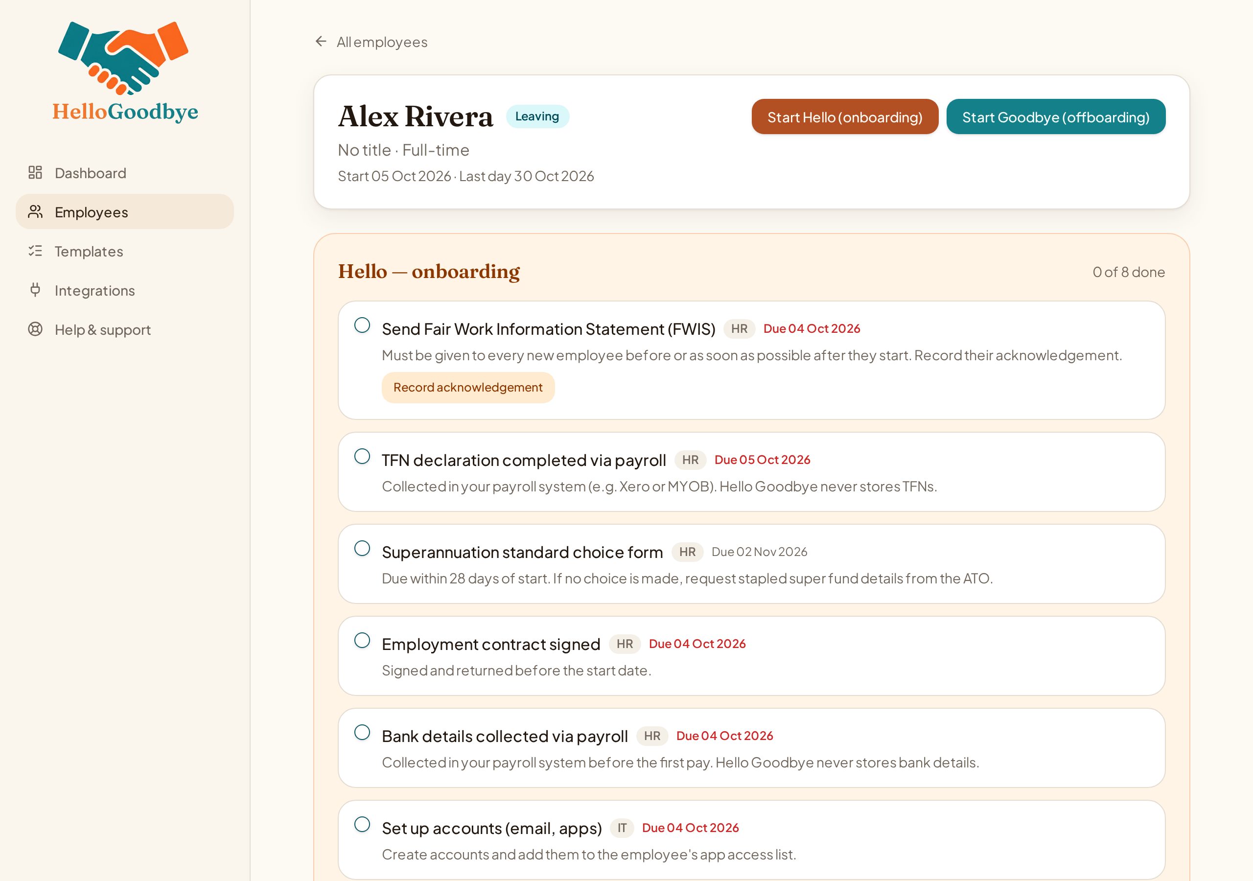 An employee's Goodbye checklist with tasks, due dates and app access to revoke